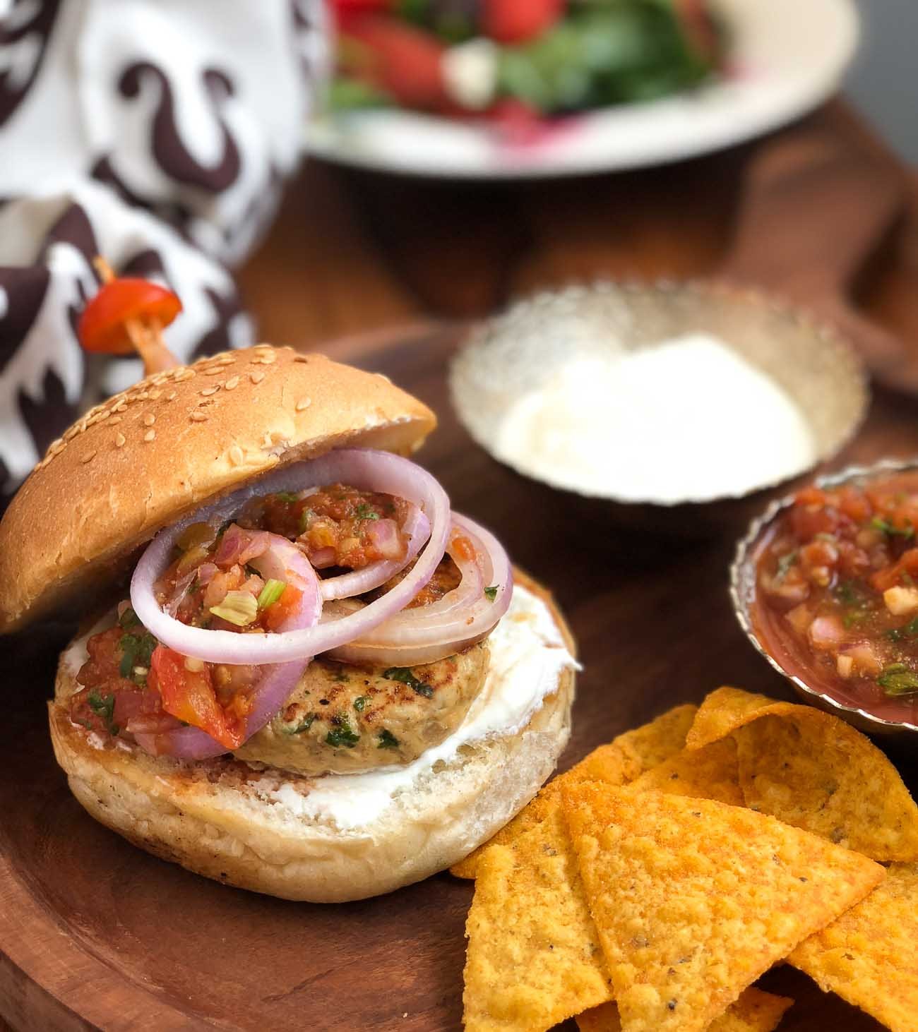 Mexican Chicken Burger Recipe With Sour Cream & Salsa 