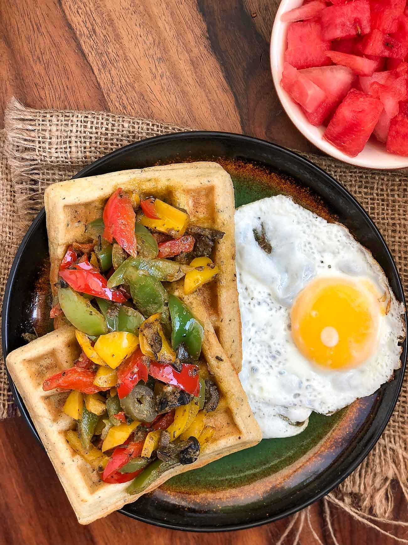Savory Waffles With Roasted Peppers In Sun Dried Tomato Pesto Recipe 