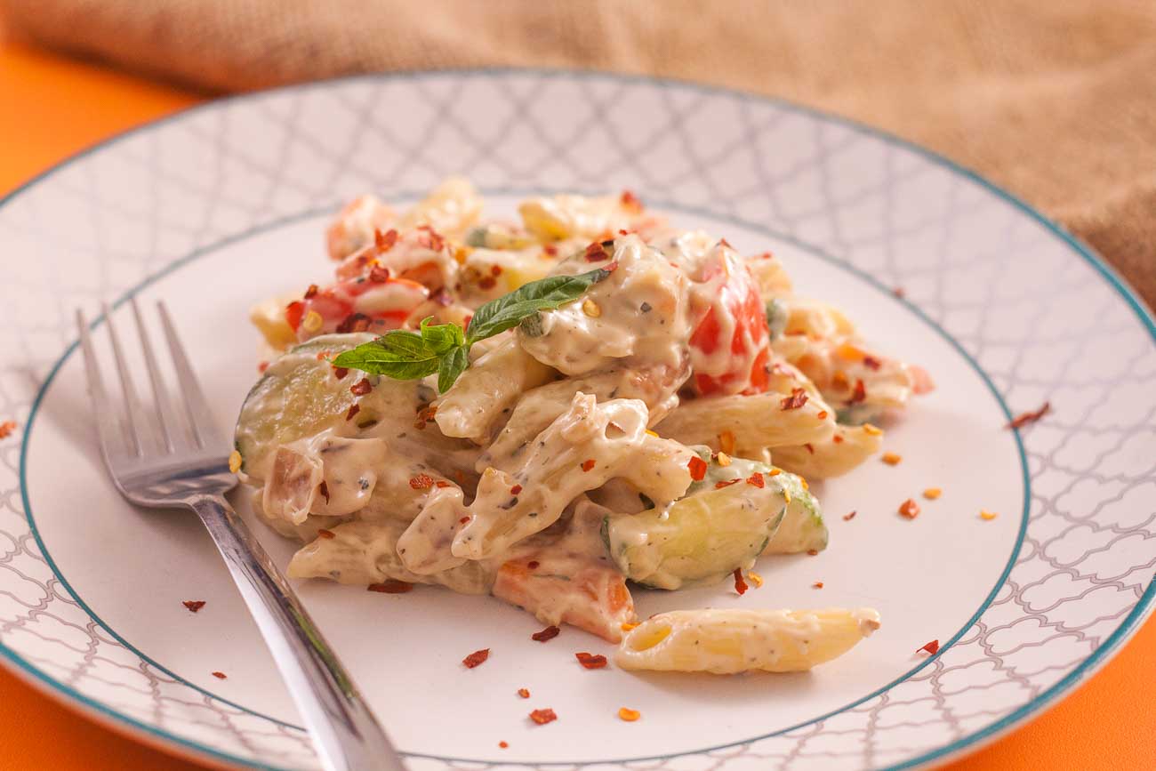 Roasted Vegetable Pasta In Creamy White Sauce