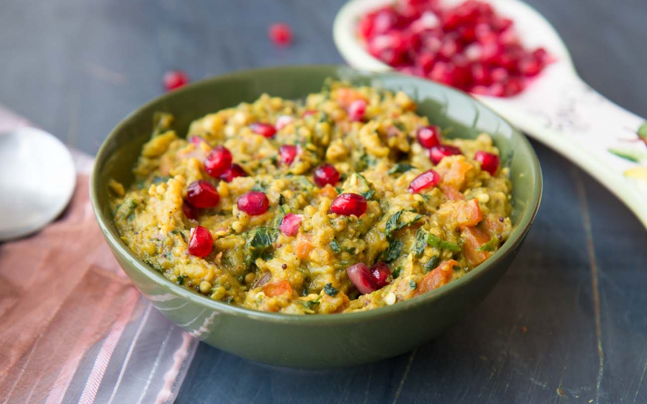 Baingan Bharta with Methi Sabzi Recipe Roasted Eggplant with Fenugreek Leaves 9 thumbnail 1280x800