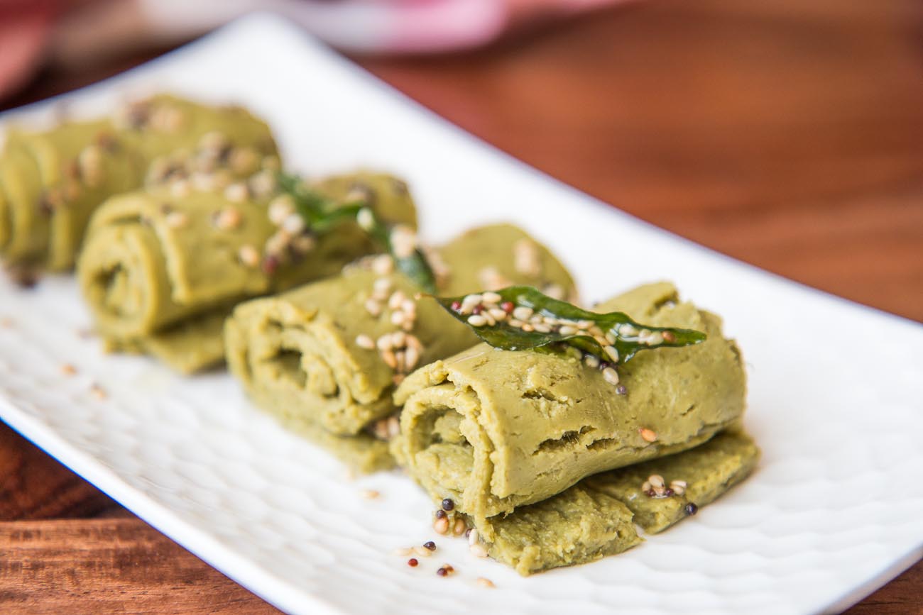 Spinach Khandvi Recipe - Savory Gram Flour Pinwheels With Spinach