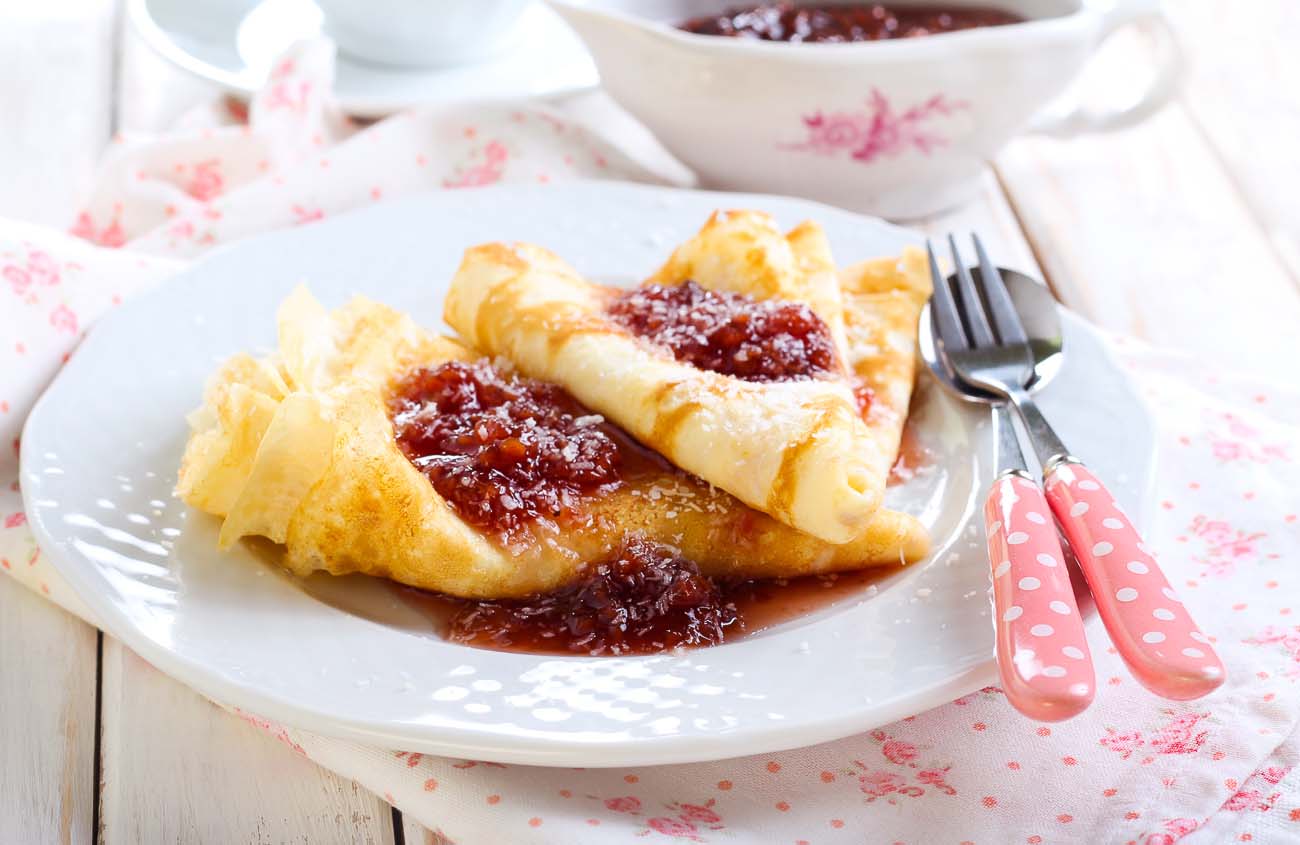 Madakasan Recipe - Coconut Filled Crepes with Berry Sauce