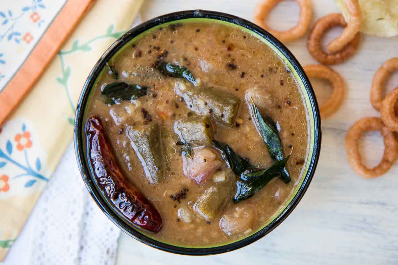 Vendakkai Vengayam Sambar Recipe (Okra in Tangy Lentil Curry)