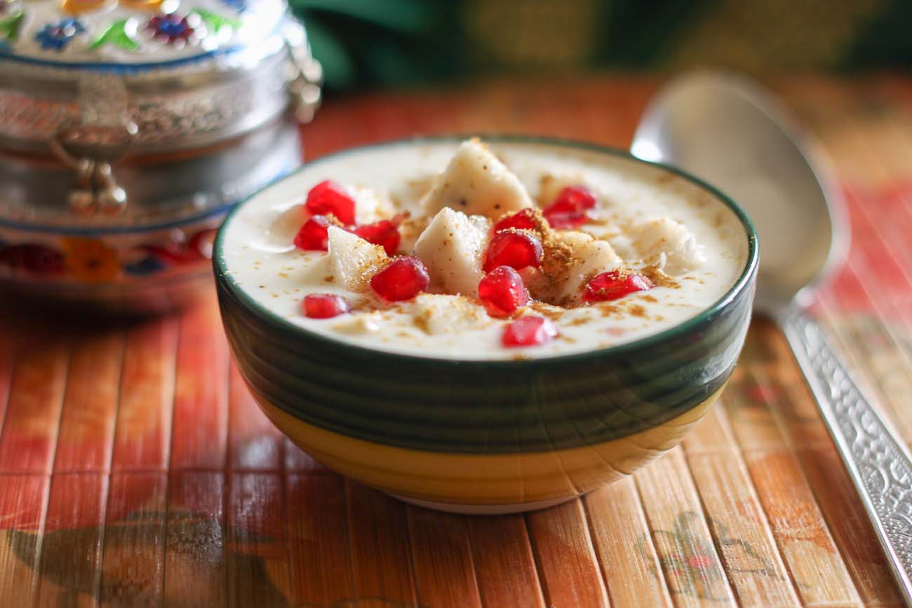 Kela Anar Raita Recipe  (Banana Pomegranate Yogurt Dip Flavoured With Mustard)