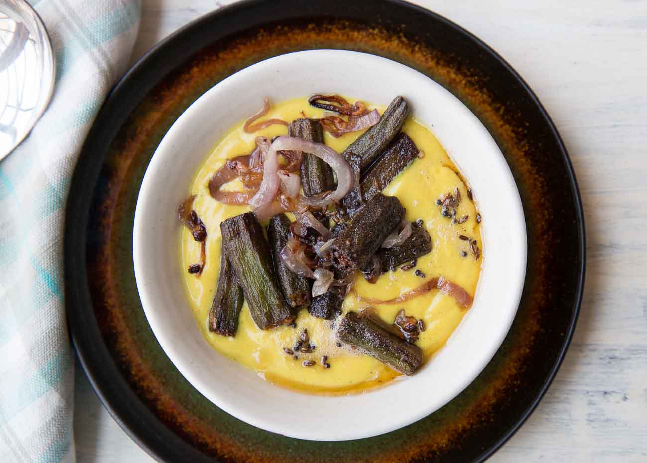 Dahi Bhindi Recipe - Okra in Yogurt Curry with Caramelized Onions