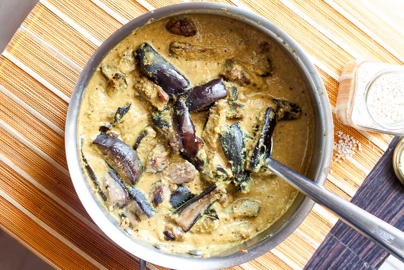 Hyderabadi Bagara Baingan Recipe Roasted Eggplant in Tangy Spicy Peanut Sesame Curry 1