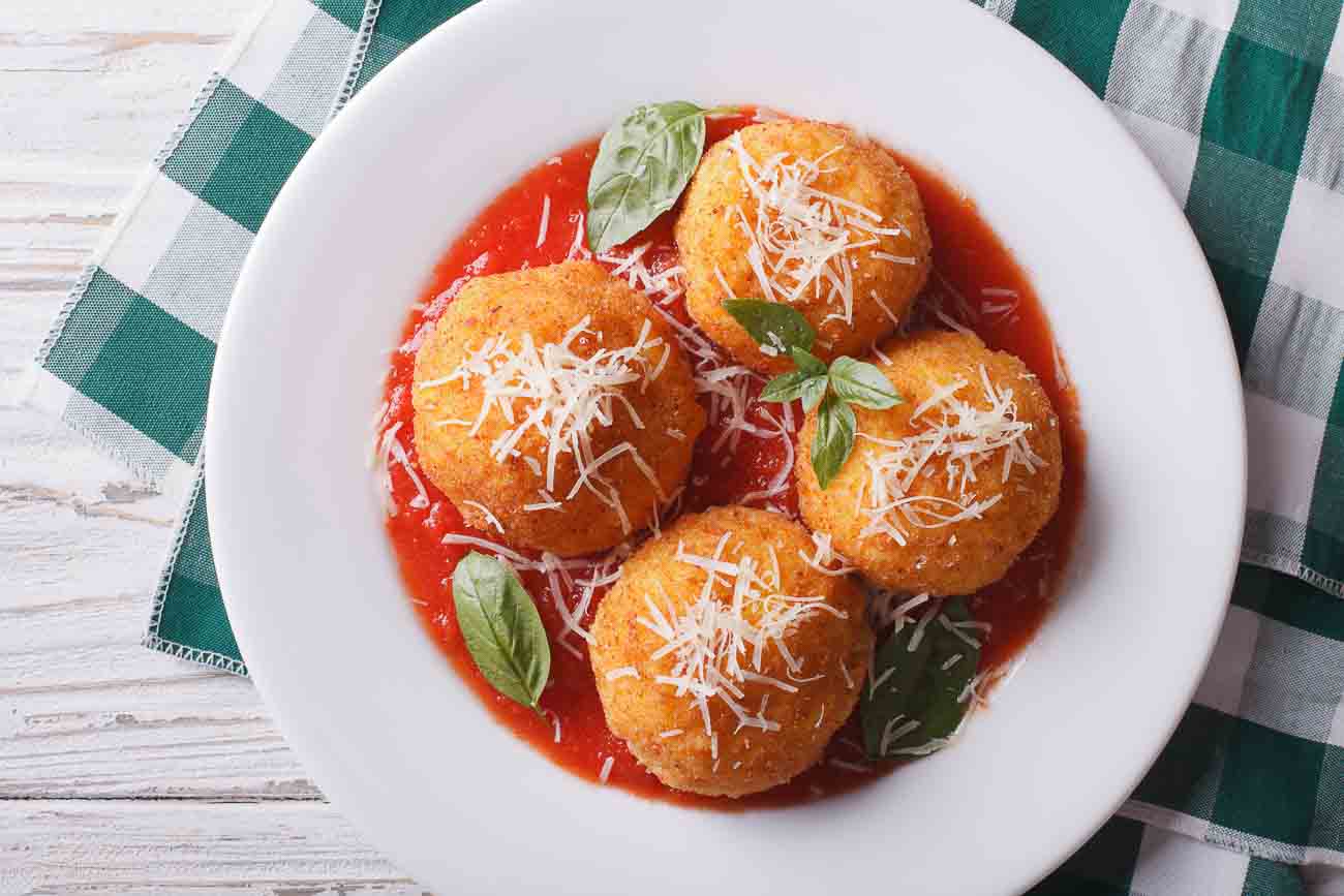 Italian Arancini Rice Balls Recipe With Delicious Pasta Dipping Sauce