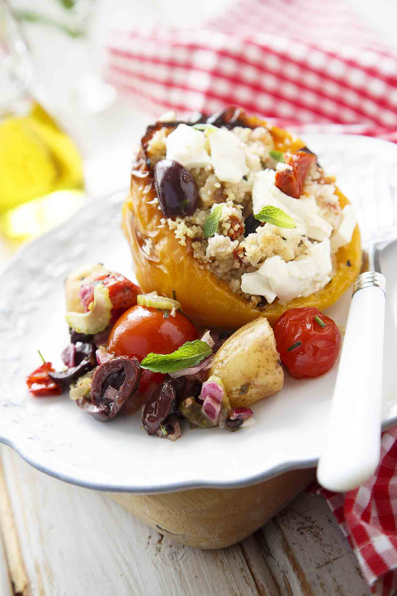 Mediterranean Stuffed Pepper Recipe (with Zucchini, Olives, Couscous & Feta)