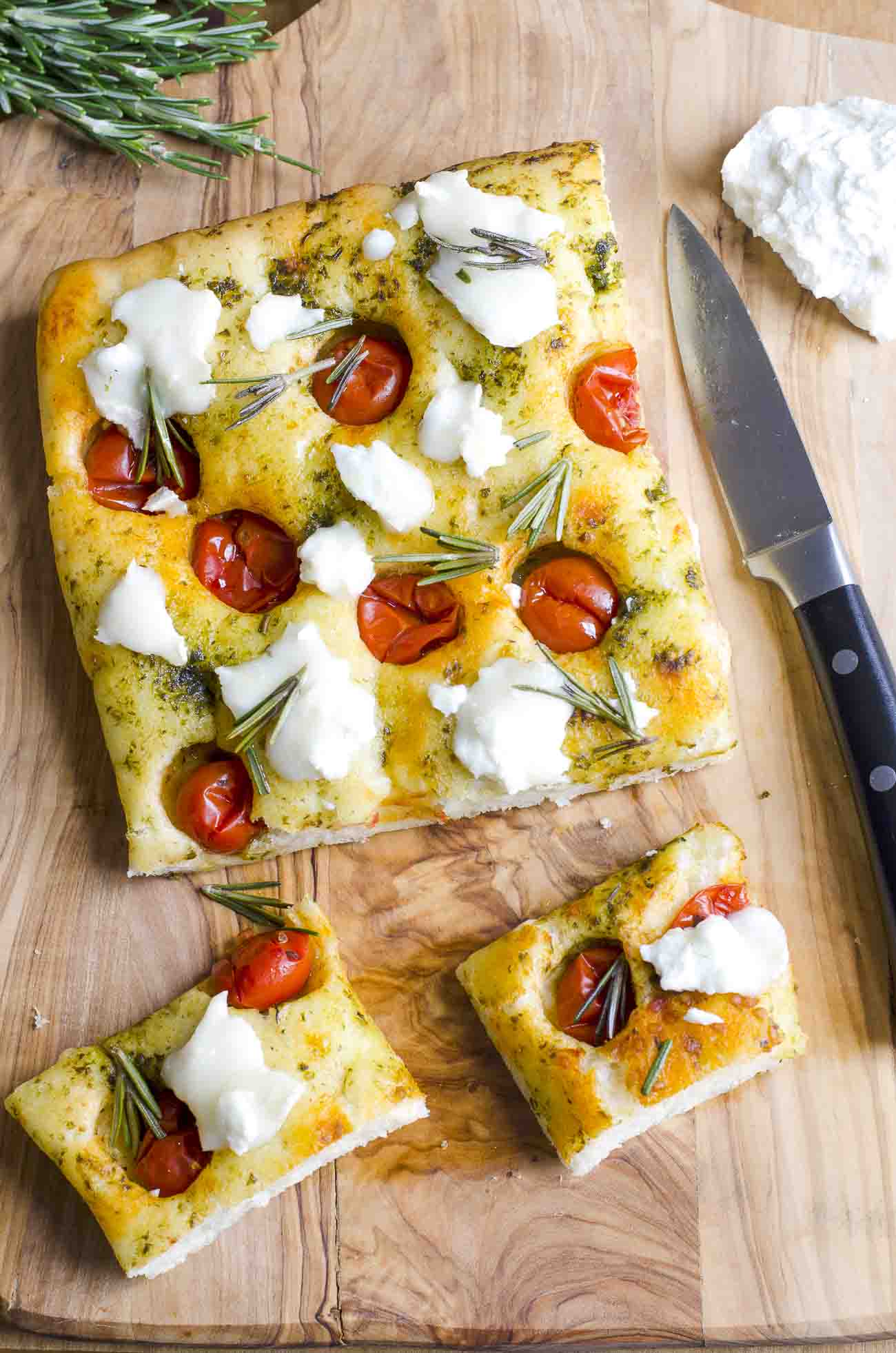 Focaccia Bread Recipe With Cherry Tomatoes, Basil Pesto And Goat Cheese ...