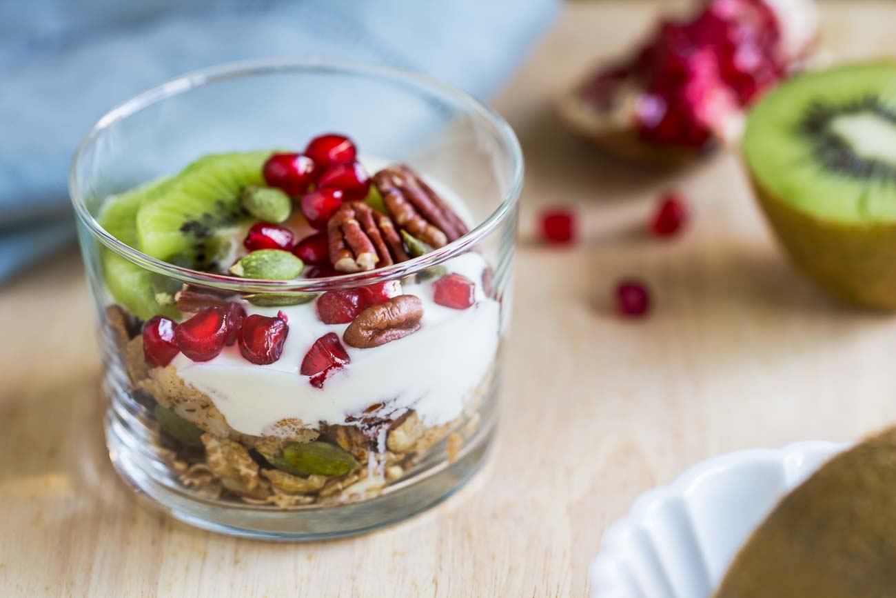 Granola Yogurt Parfait Recipe with Fresh Kiwi & Pomegranates