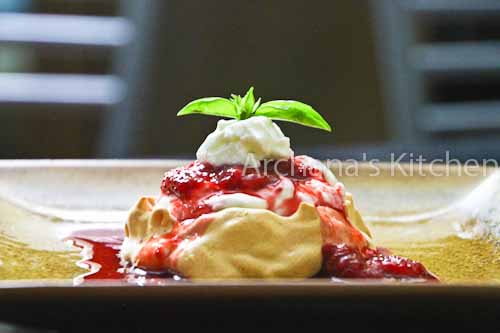 Pavlova with Strawberry Compote and  Figged Mascarpone Cheese