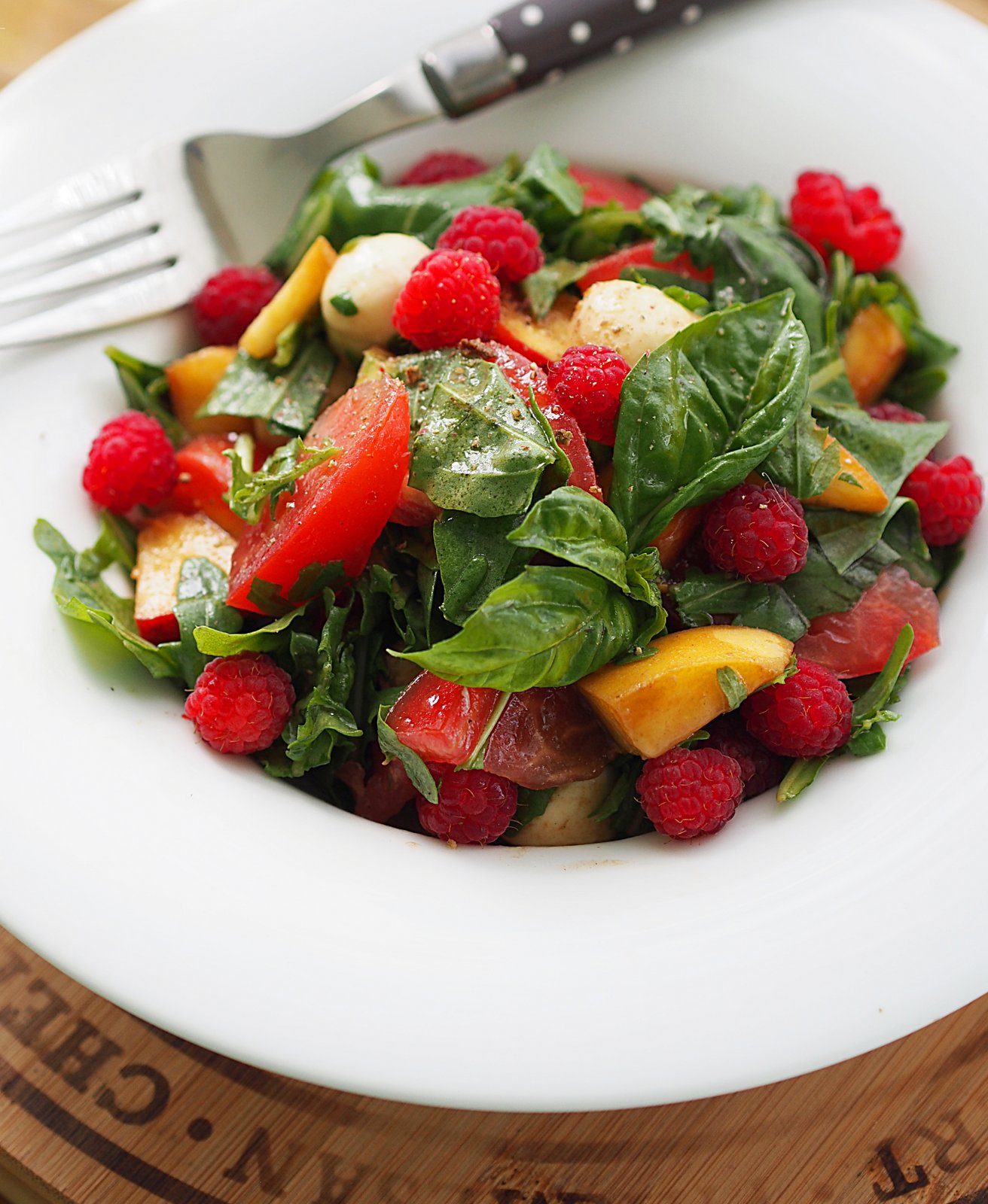 Summer Salad with Goat Cream Cheese, Apricots and Raspberry Dressing