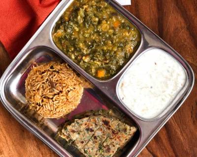 Portion Control Meal Plate: Sai Bhaji, Lauki Raita, Koki Roti & Bhuga Chawal