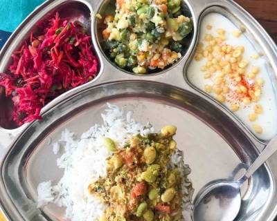 Portion Control Meal Plate: Avarekalu Rasam, Veg Kootu & Steamed Rice