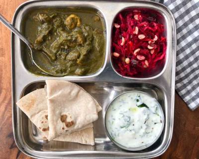 Portion Control Meal Plate: Palak Mushroom, Palak Raita, Phulka And Salad