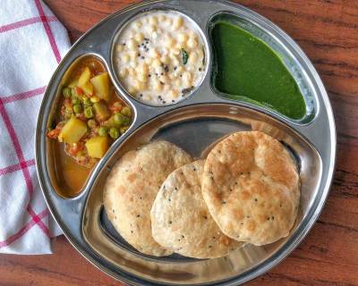 Everyday Meal Plate : Aloo Matar Ki Sabzi, Boondi Raita and Ajwain Puri