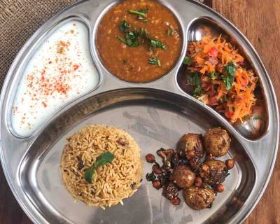 Portion Control Meal Plate: Maakhmi Dal, Til Wale Aloo, Bhuga Chawal & Salad