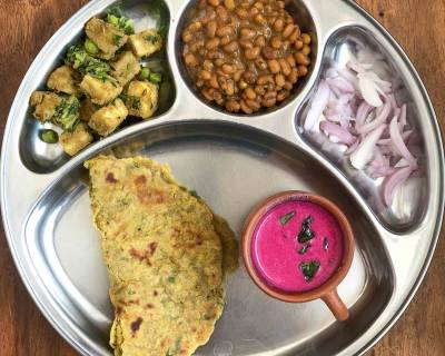 Portion Control Meal Plate: Kela Matar Sabzi,Lobia Masala, Bajra Kaddu Roti, Spiced Buttermilk & Onions