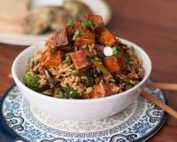 Stir Fried Brown Rice And Wild Rice Topped With Honey-Glazed Tofu Recipe