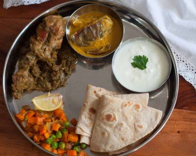 Everyday Meal Plates : Chicken Galinha Cafreal, Bagara Baingan, Carrot Subzi, Phulka & Curd