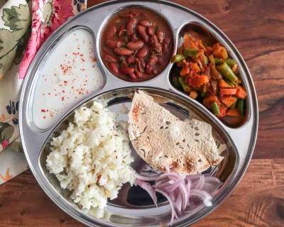 Portion Control Meal Plate: Rajma Masala, Carrot Beans Subzi, Jeera Rice
