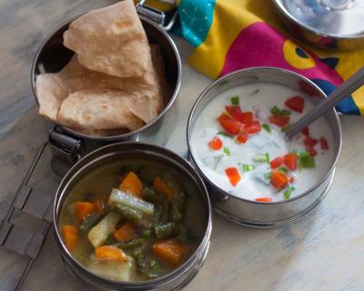 Lunch Box Ideas: No Onion & No Garlic Vegetable Kurma,Parotta & Raita