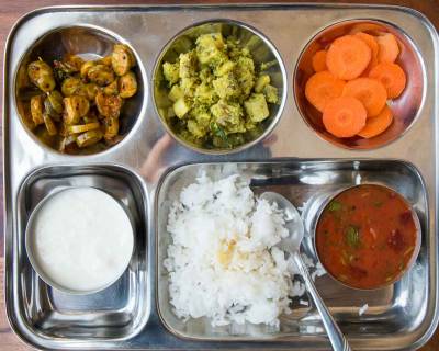 Portion Control Meal Plate:Beetroot Sambar,Raw Banana Thoran & Tindora Nu Shaak