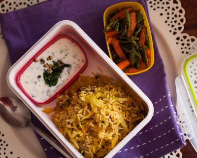 Kids Lunch Box Ideas:Cabbage Rice Recipe with Spiced Palak Raita Recipe