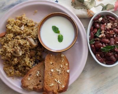 Dinner Meal Plate:Foxtail Millet Pilaf,Kidney Beans & Feta Salad & Yogurt