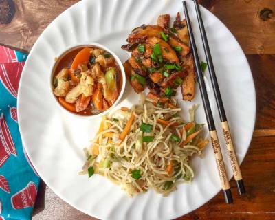 Everyday Meal Plate: Indo-Chinese Hakka Noodles, Chilli Potatoes, Sichuan Vegetable Gravy