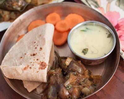 Everyday Meal Plate: Bharma Baingan,Rajasthani Kadhi,Phulka & Salad 