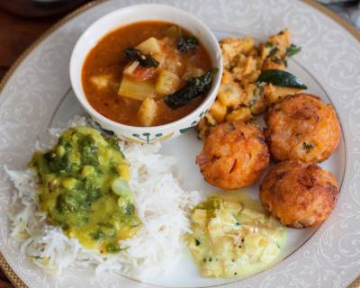Everyday Meal Plate:Kura Pappu,Pulusu,Punugulu,Pachadi & Vepadu