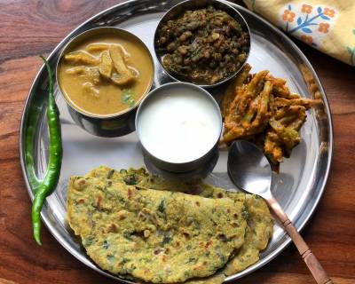 Everyday Meal Plate: Methi Masoor Dal, Kalan Kuzhambu, Shahi Tindora & Jowar Methi Roti