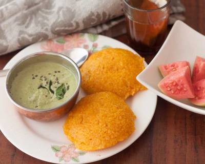 Breakfast Meal Plate :Pumpkin Idli,Spicy Coconut Chutney,Fruits & Tea