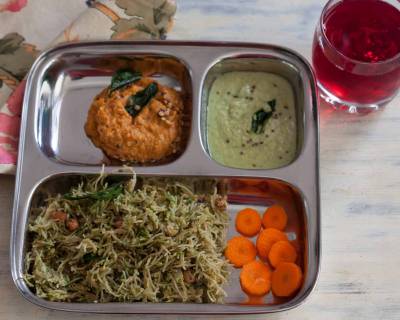 Breakfast Meal Plate : Pudina Shavige, Coconut Chutney, Tomato Onion Chutney & Salad