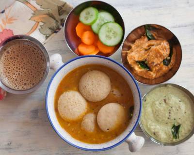 Breakfast Meal Plate:Foxtail Mini Idli,Coconut Chutney,Tomato Onion Chutney, Filter Coffee