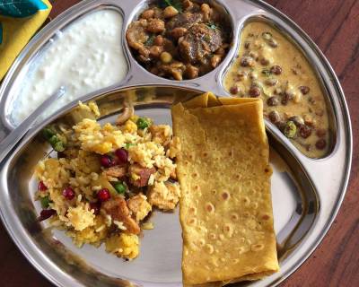 Portion Control Meal Plate: Brinjal Kootu, Kadhi, Pulao, Roti & Curd