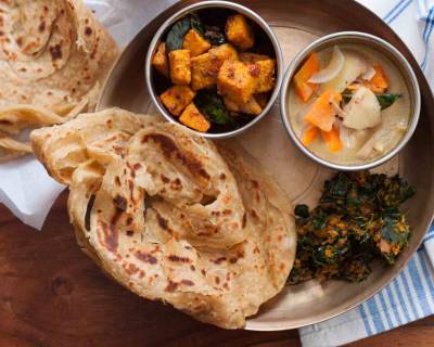 Everyday Meal Plate : Kerala Style Kappa Stew,Murungai Keerai Thoran,Yam Fry & Parotta