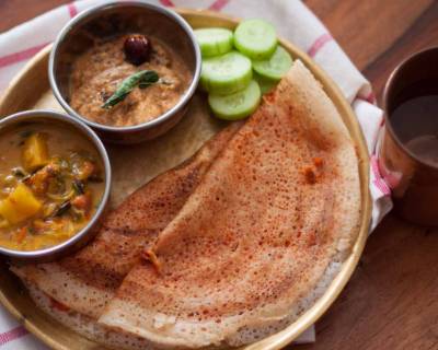Breakfast Meal Plate :Erra kaaram Dosa, Kandi Pachadi & Potato Korma