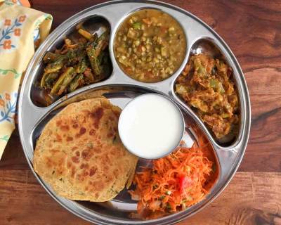Portion Control Meal Plate : Karela Masala, Dahi Lauki, Moong Dal, Bhakri & Salad