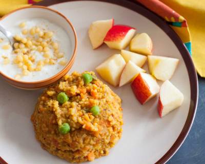 Gluten Free Breakfast : Bajra Matar Khichdi, Boondi Raita, Apples
