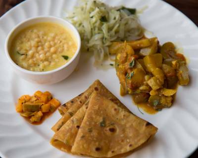 Everyday Meal Plate: Boondi Kadhi, Khatti Meethi Tinda, Methi Thepla & Pickle
