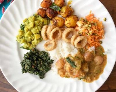Everyday Meal Plate: Arachuvitta Sambar, Keerai Masiyal, Urali Roast, Raw Banana Thoran & More