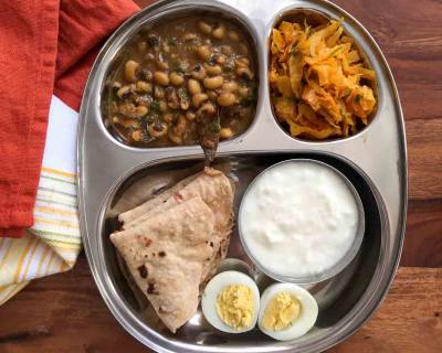 Portion Control Meal Plate: Black Eyed Beans Masala, Patta Gobi Sabzi, Phulka, Boiled Eggs & Curd