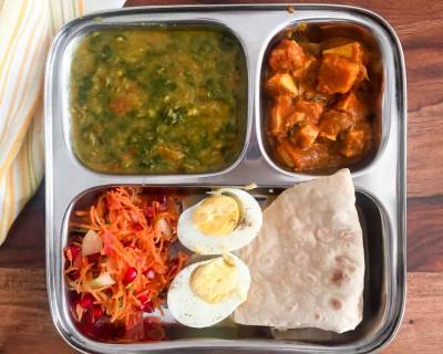 Portion Control Meal Plate: Palak Kura, Achari Paneer, Carrot Salad, Boiled Egg, & Phulka