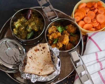 Lunch Box Ideas:Kela Besani Sabzi, Bendekayi Gojju, Phulka and Carrots