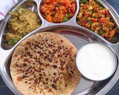 Portion Control Meal Plate: Chironji Ki Dal, Tofu Bhurji, Kulcha And Salad