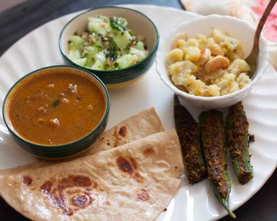 Everyday Meal Plate: Koshimbir, Bharli Bhindi, Usal, Phulka & Sheera
