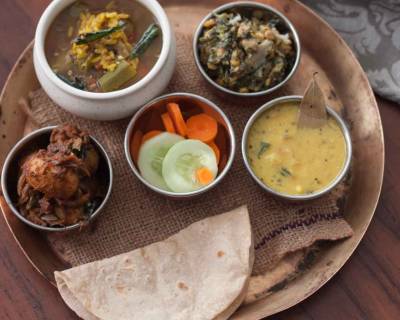 Everyday Meal Plate:Vendakayu Charu, Aloochi Bhaji,Urali Roast,Phulka & Salad