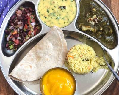 Portion Control Meal Plate- Methi Kadhi, Hariyali Gobi, Rajma Salad, Millet Phulka & Aamras